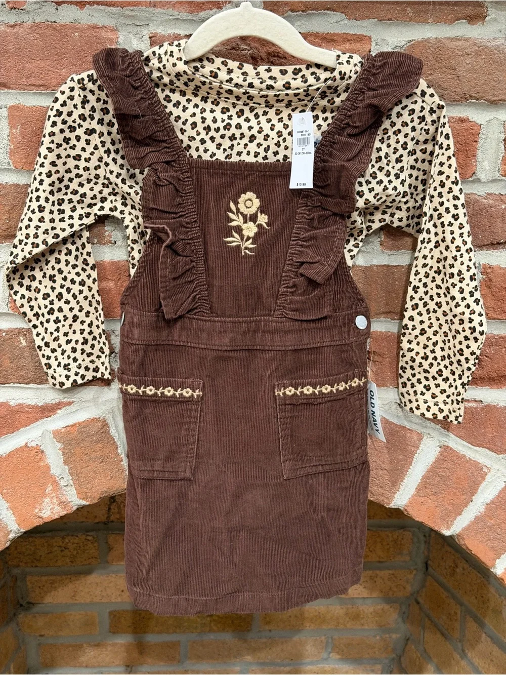 Old Navy Brown Corduroy Pinafore Dress with Floral Embroidery